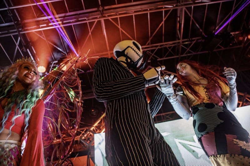 Jack and Sally take the stage with a crowned mermaid at Coloween, Denver's 21+ Halloween party