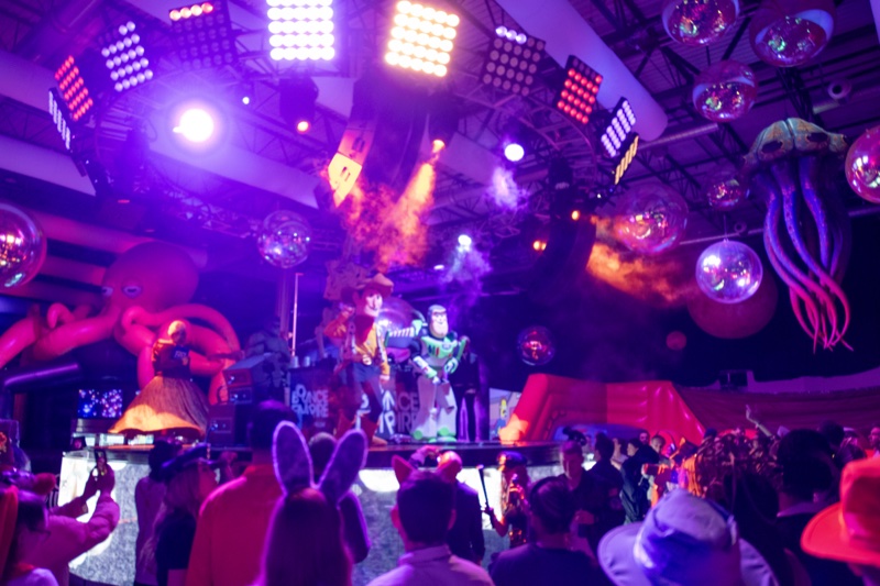 Full rig glowing, jellyfish and disco balls over the crowd at Denver's Coloween Halloween party