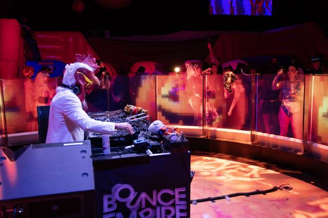 Adults in Halloween costumes at Coloween 2025, Bounce Empire, Lafayette, Colorado